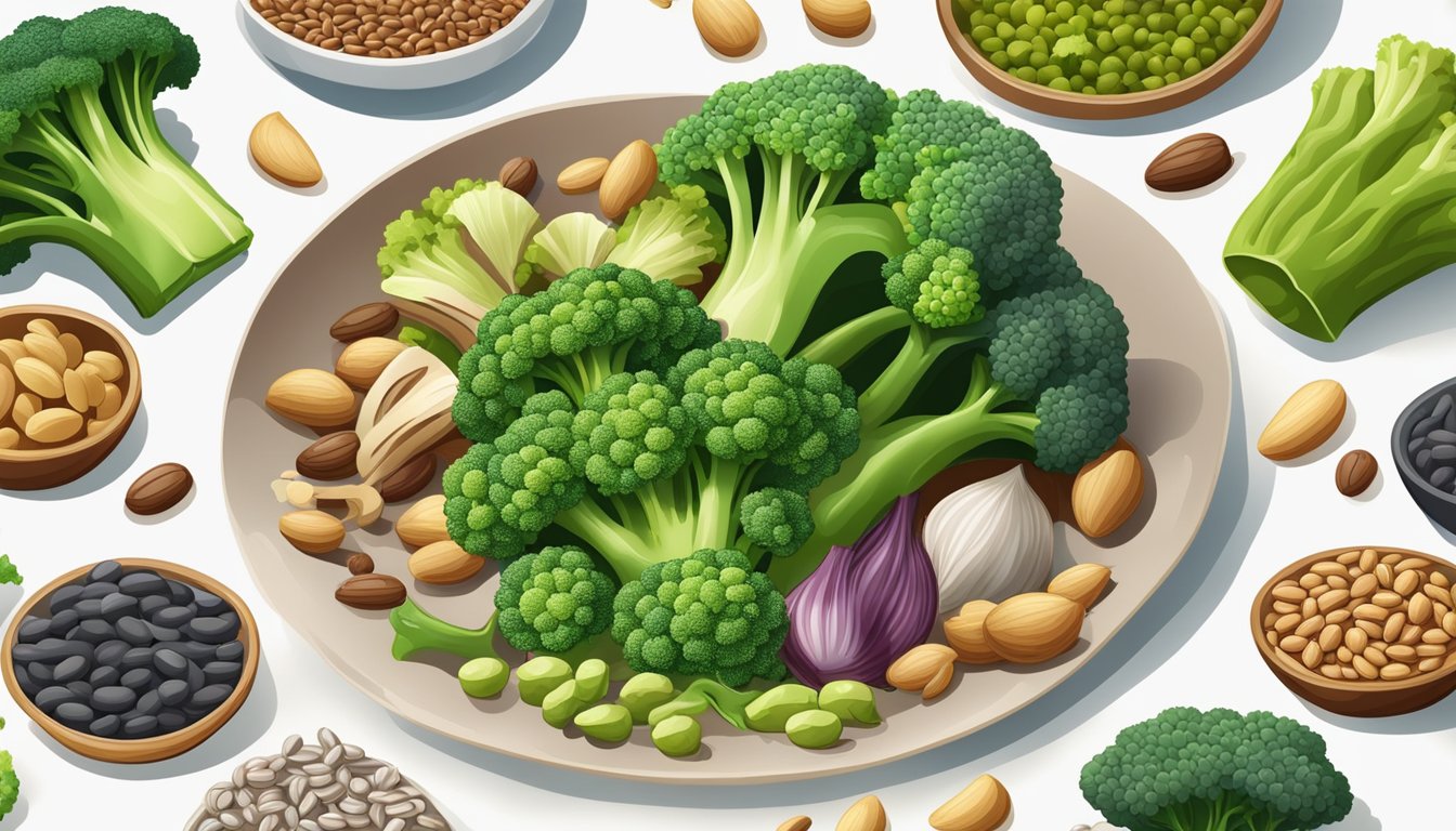 A colorful pile of fresh broccoli surrounded by zinc-rich foods like beans and nuts