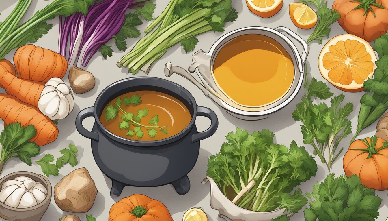 A simmering pot of bone broth surrounded by fresh vegetables and herbs