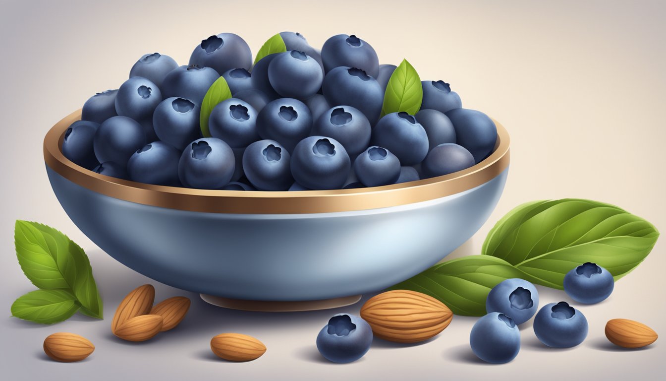 A bowl of fresh blueberries surrounded by zinc-rich foods like nuts and seeds