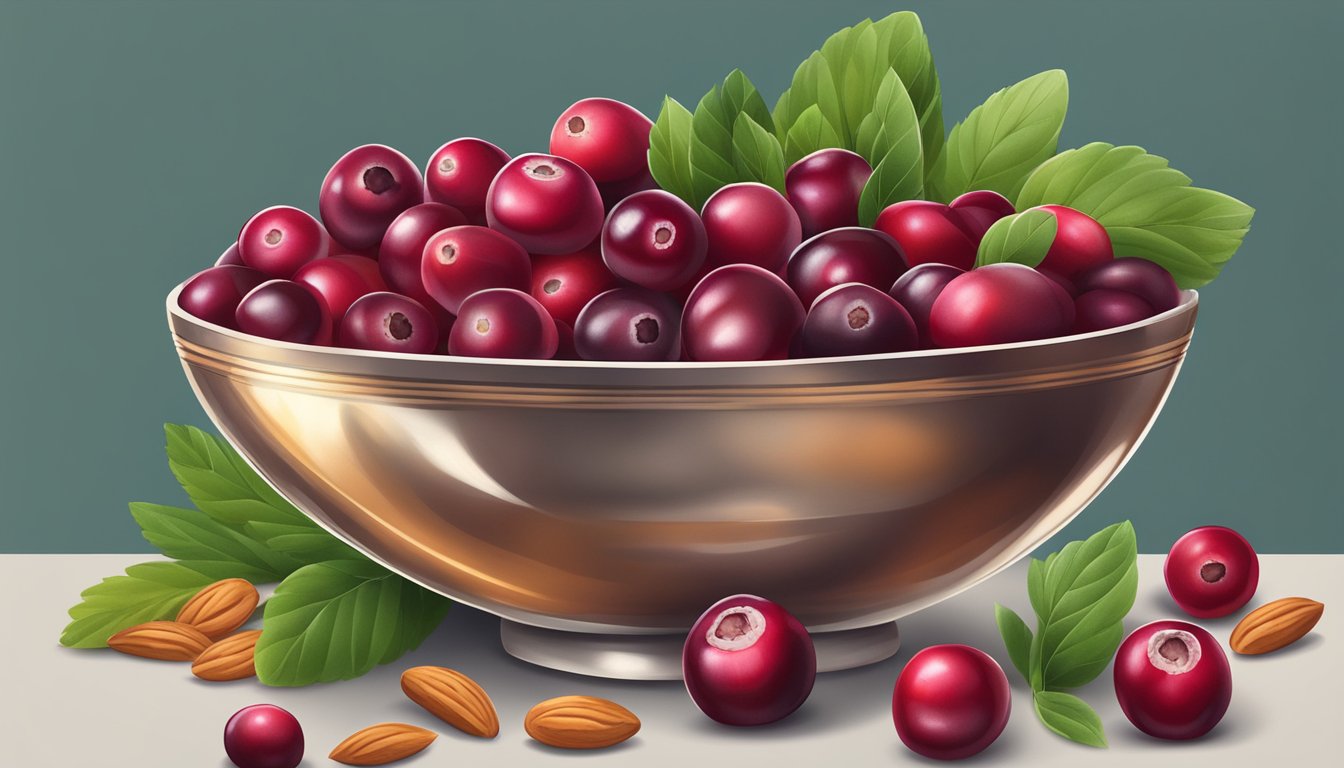 A bowl of vibrant cranberries surrounded by zinc-rich foods like nuts and seeds