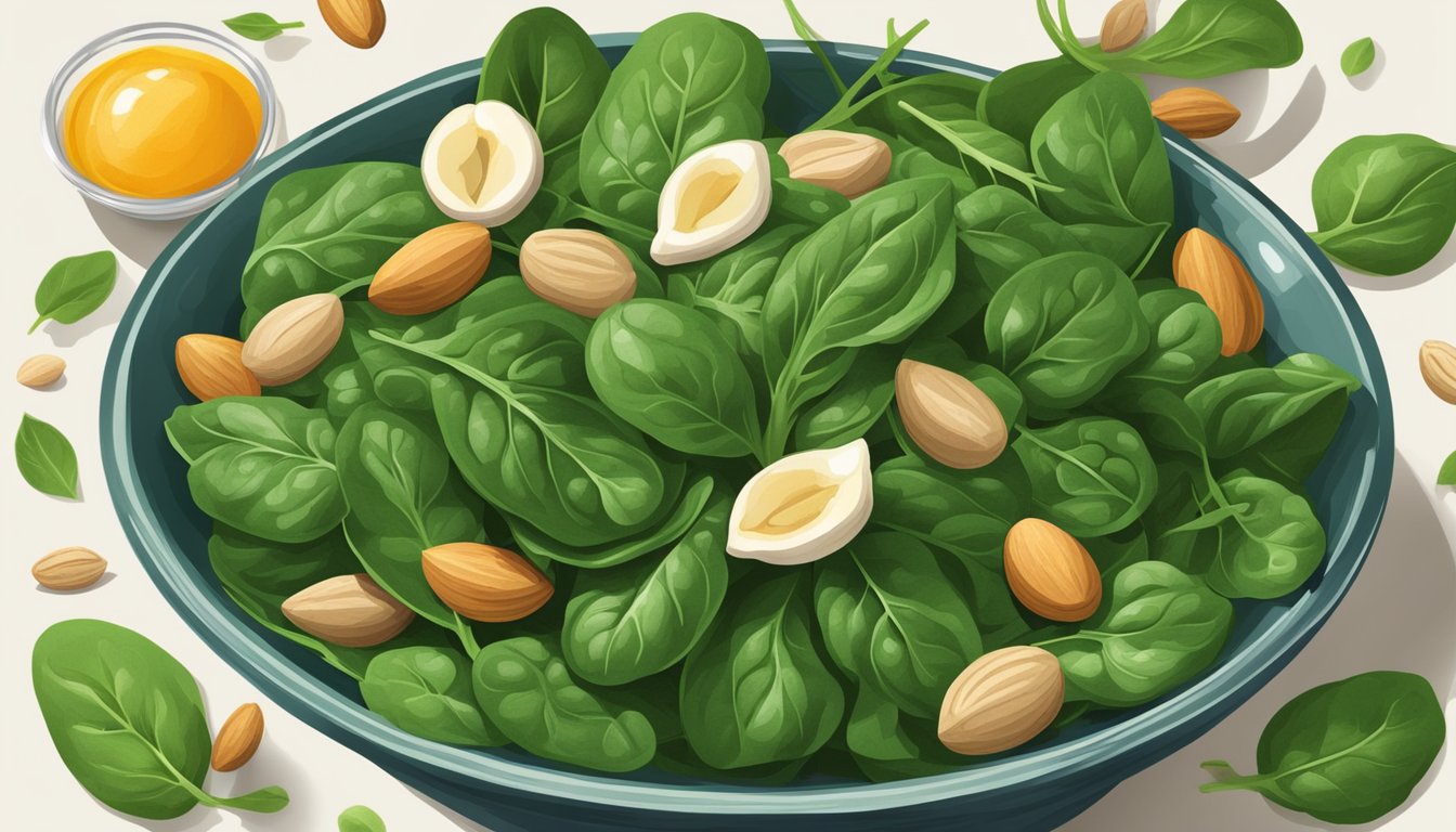 A bowl of spinach surrounded by zinc-rich foods like nuts and seeds, with a spotlight on the quercetin-rich vegetables