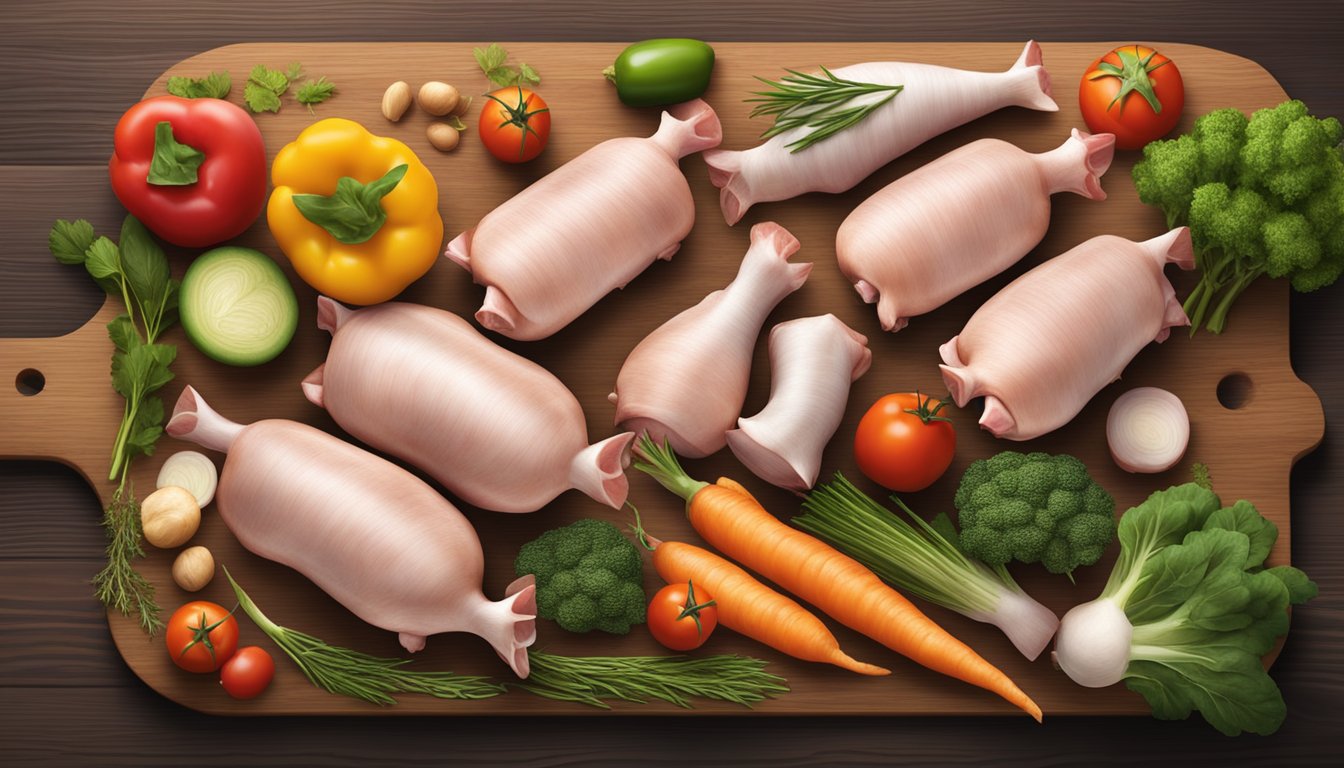 A group of pig trotters arranged on a wooden cutting board, surrounded by colorful vegetables and herbs