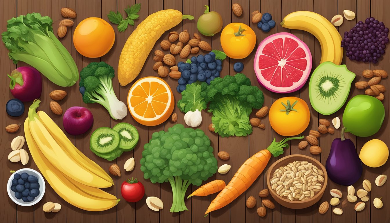 A colorful array of fruits, vegetables, and nuts spread out on a wooden table, with emphasis on foods high in quercetin and zinc