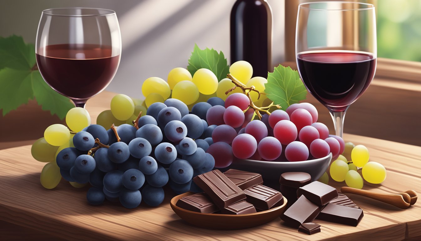 A colorful array of resveratrol-rich foods, such as grapes, blueberries, and dark chocolate, arranged on a wooden table with a glass of red wine