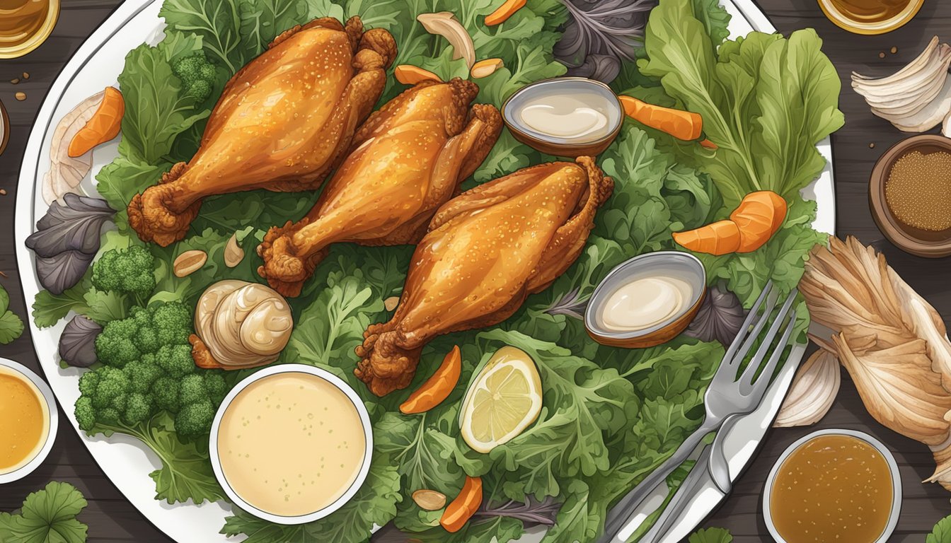 A plate of chicken wings surrounded by natural sources of glucosamine such as shellfish, leafy greens, and bone broth