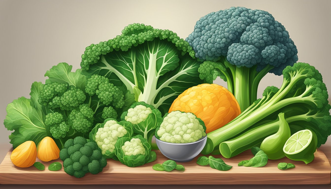 A vibrant assortment of kale, spinach, broccoli, and other alkaline foods arranged on a wooden cutting board