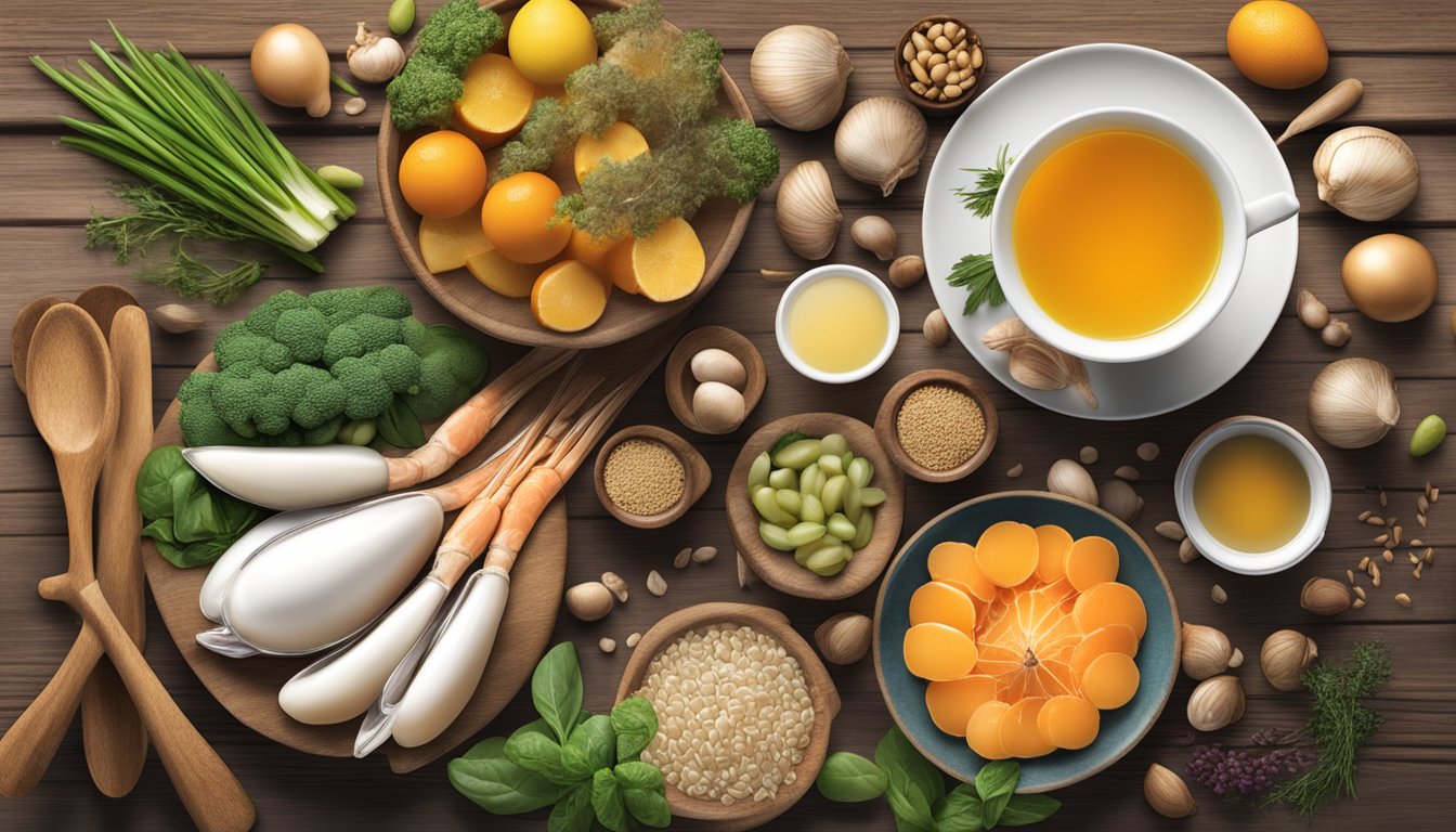 A variety of natural sources of glucosamine, such as shellfish, bone broth, and certain fruits and vegetables, are displayed on a rustic wooden table