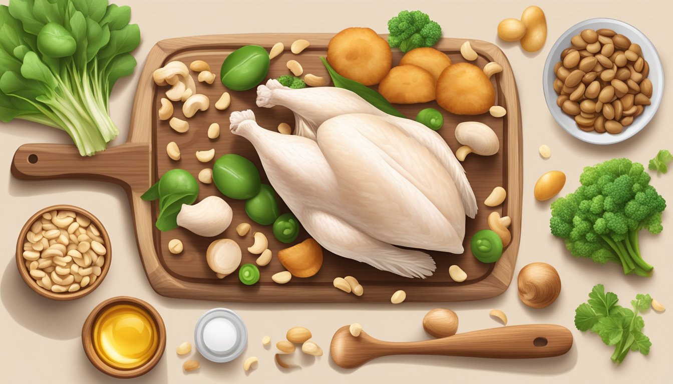 A plump chicken breast surrounded by vitamin B3-rich foods like mushrooms, peanuts, and green peas on a wooden cutting board