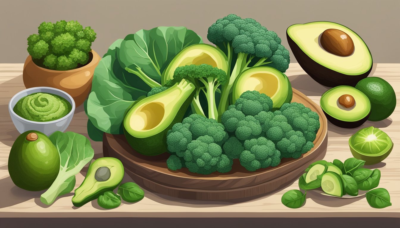 A colorful array of alkaline foods, including broccoli, spinach, and avocado, arranged in a balanced composition