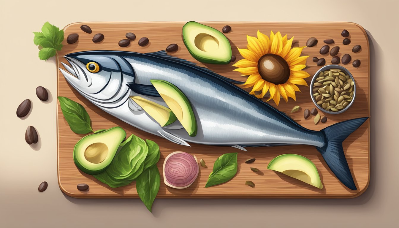 A colorful array of fresh tuna, avocado, and sunflower seeds on a wooden cutting board