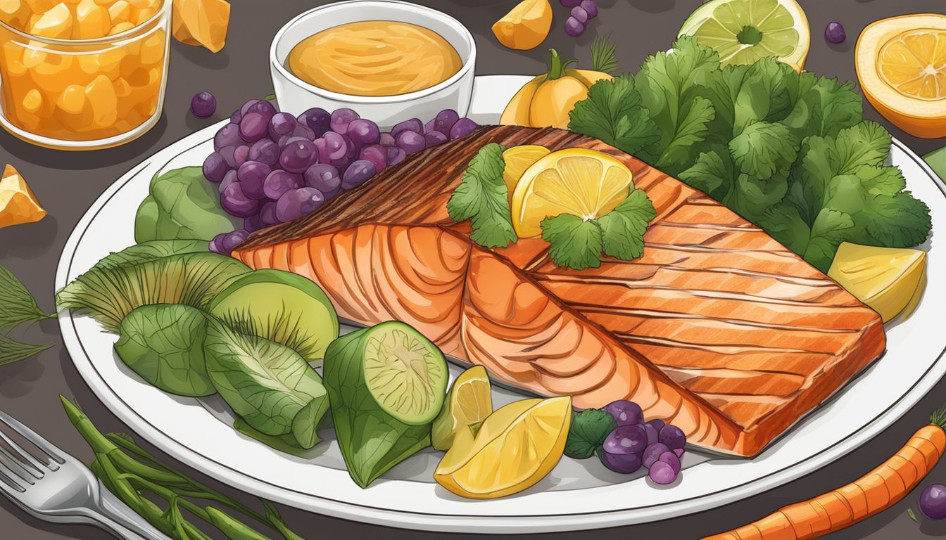 A plate of grilled salmon surrounded by vibrant vegetables and fruits, emphasizing its richness in vitamin B3 niacin