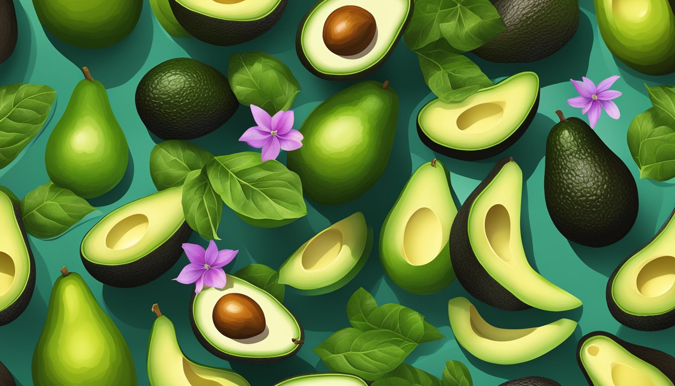 A vibrant assortment of alkaline foods, including ripe avocados, arranged in a balanced composition