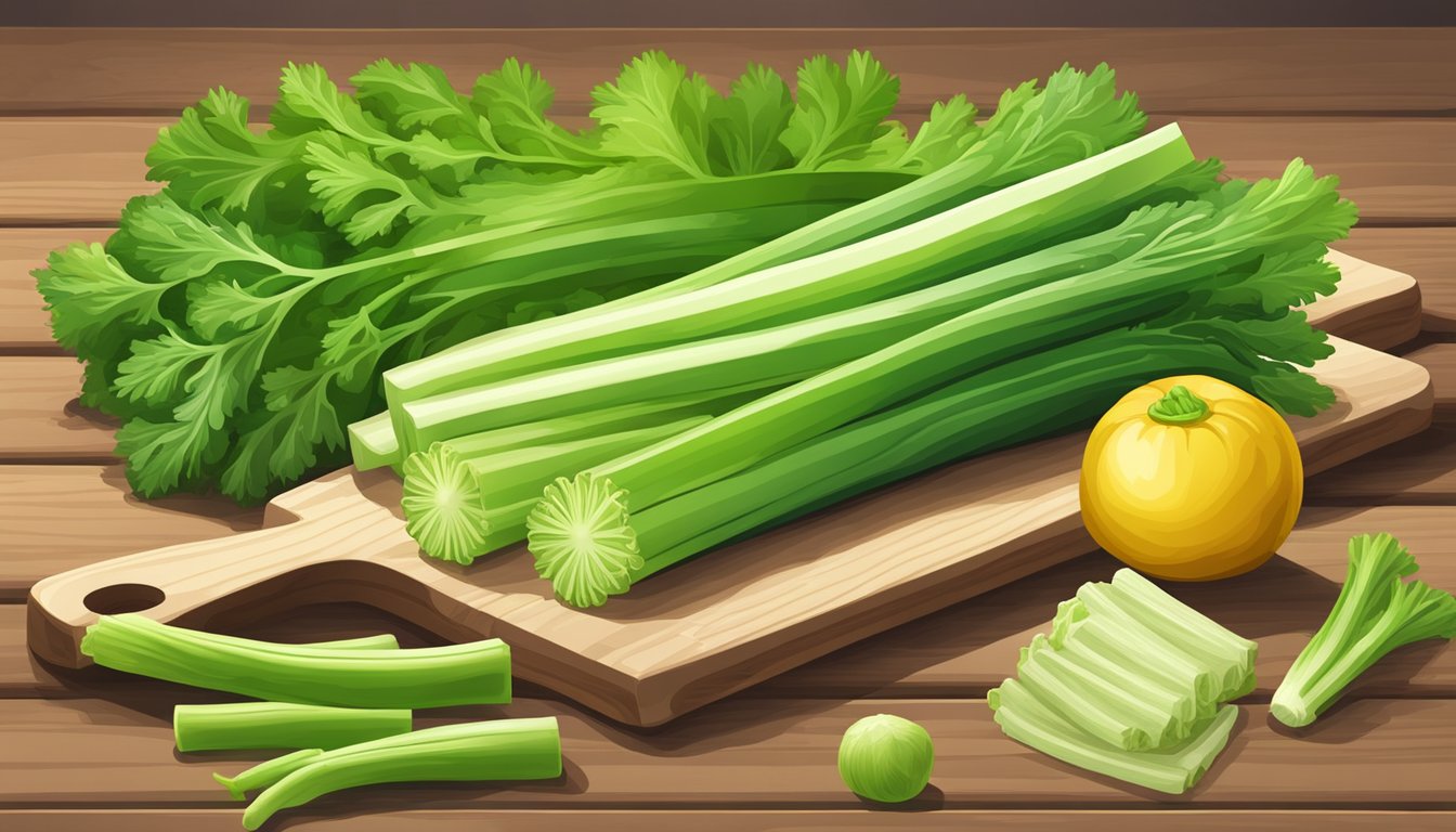 A vibrant bunch of celery and other alkaline foods arranged on a wooden cutting board