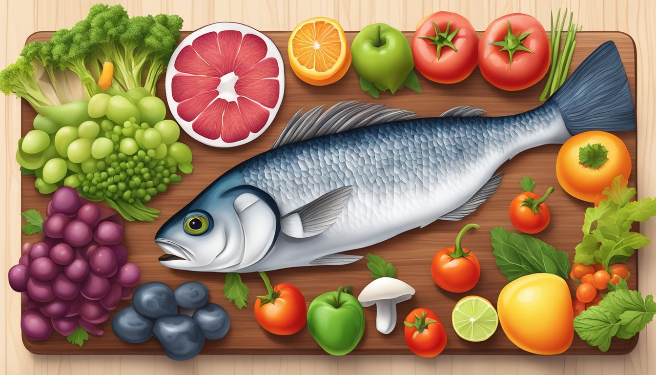 A colorful array of liver, fish, and mushrooms on a wooden cutting board, surrounded by vibrant fruits and vegetables