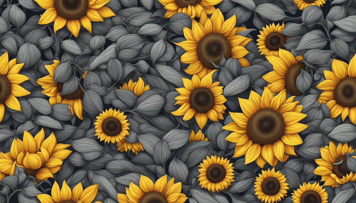 A pile of sunflower seeds surrounded by fresh sunflowers