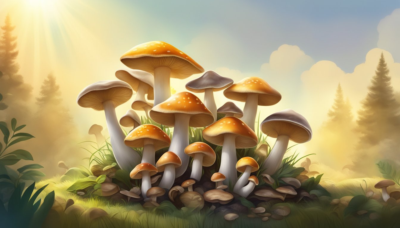 A pile of assorted mushrooms surrounded by sun rays