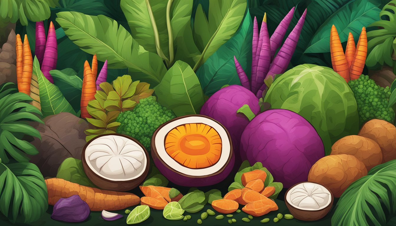 A lush, vibrant jungle scene with a variety of wild yams, surrounded by other colorful, nutrient-rich foods, creating a visually appealing and balanced composition