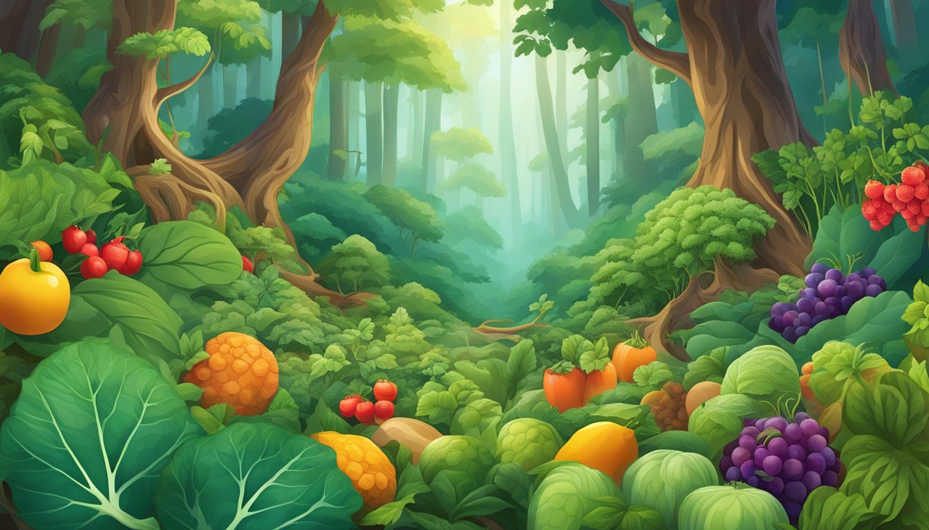 A lush forest floor with ginseng plants surrounded by a variety of colorful fruits and vegetables, all radiating a vibrant energy