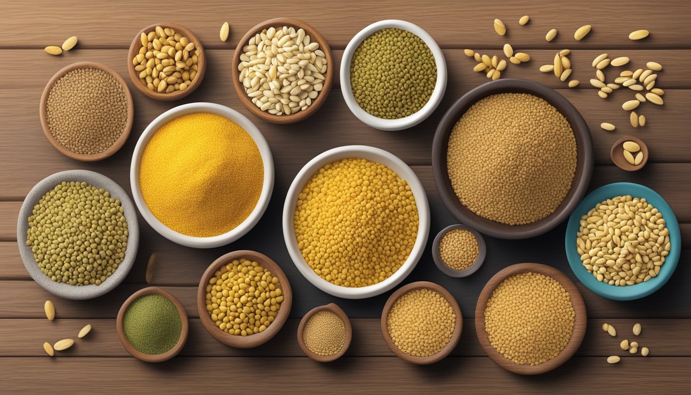 A colorful array of fenugreek seeds, along with other dhea-rich foods, arranged on a wooden table in soft natural light