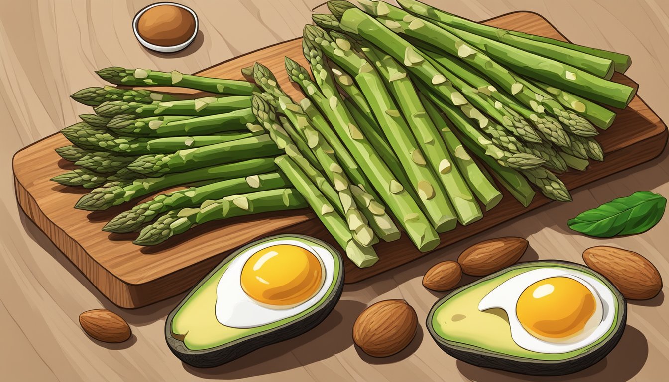 A vibrant bunch of asparagus surrounded by other dhea-rich foods, such as avocados, almonds, and eggs, arranged on a wooden cutting board