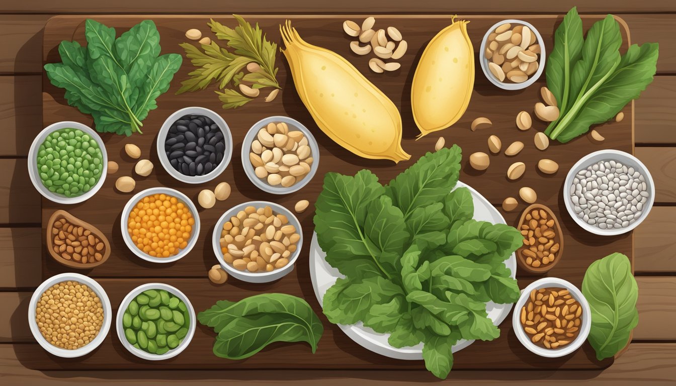 A variety of molybdenum-rich foods arranged on a wooden cutting board, including beans, lentils, nuts, and leafy greens