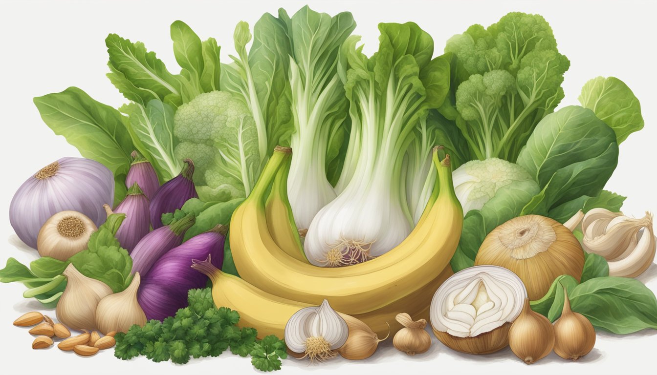 A chicory root surrounded by other prebiotic-rich foods, such as garlic, onions, and bananas, with a vibrant and healthy gut microbiome in the background