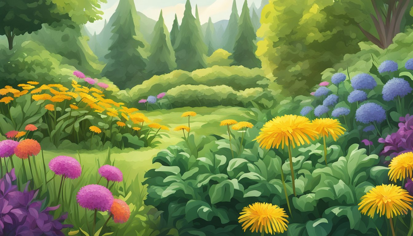 A lush garden scene with vibrant dandelion greens growing among other colorful, leafy vegetables