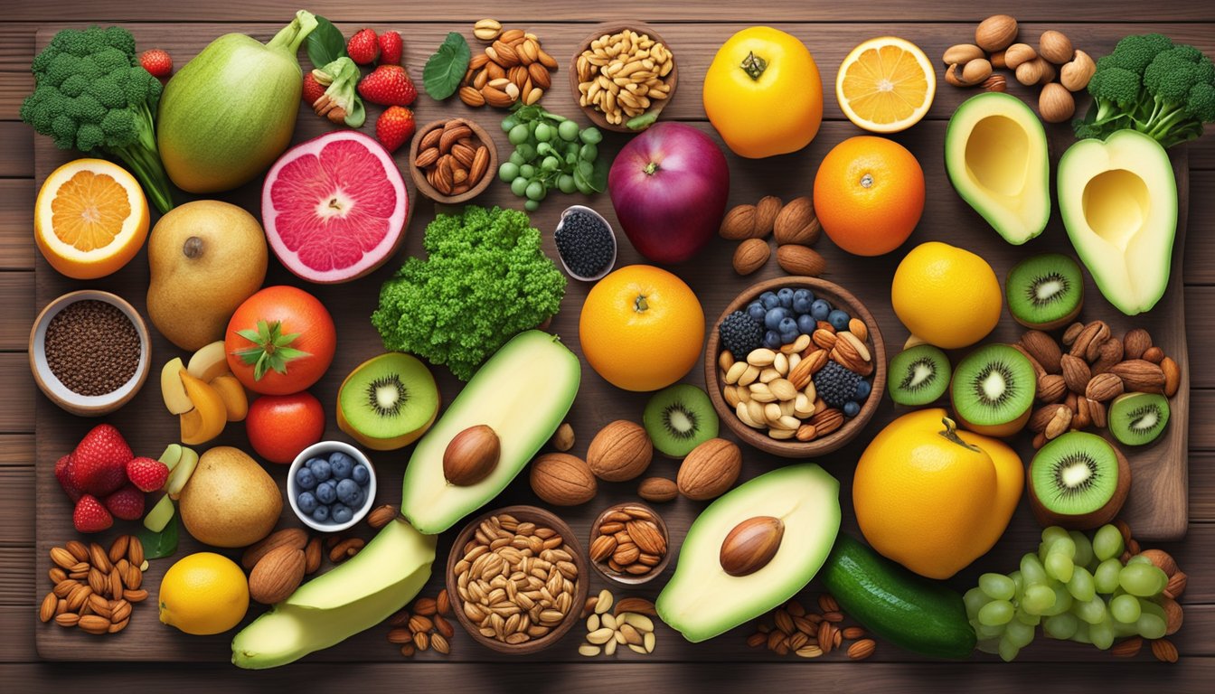 A colorful array of fruits, vegetables, nuts, and seeds arranged on a wooden table, showcasing the top 10 foods naturally rich in DHEA for hormonal balance