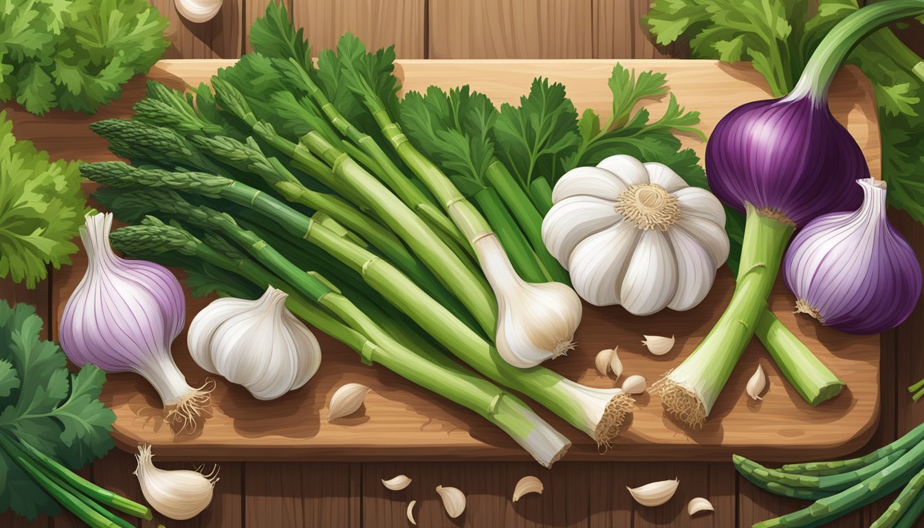 A colorful array of garlic bulbs, onions, leeks, and asparagus arranged on a wooden cutting board, surrounded by vibrant green herbs and leafy vegetables