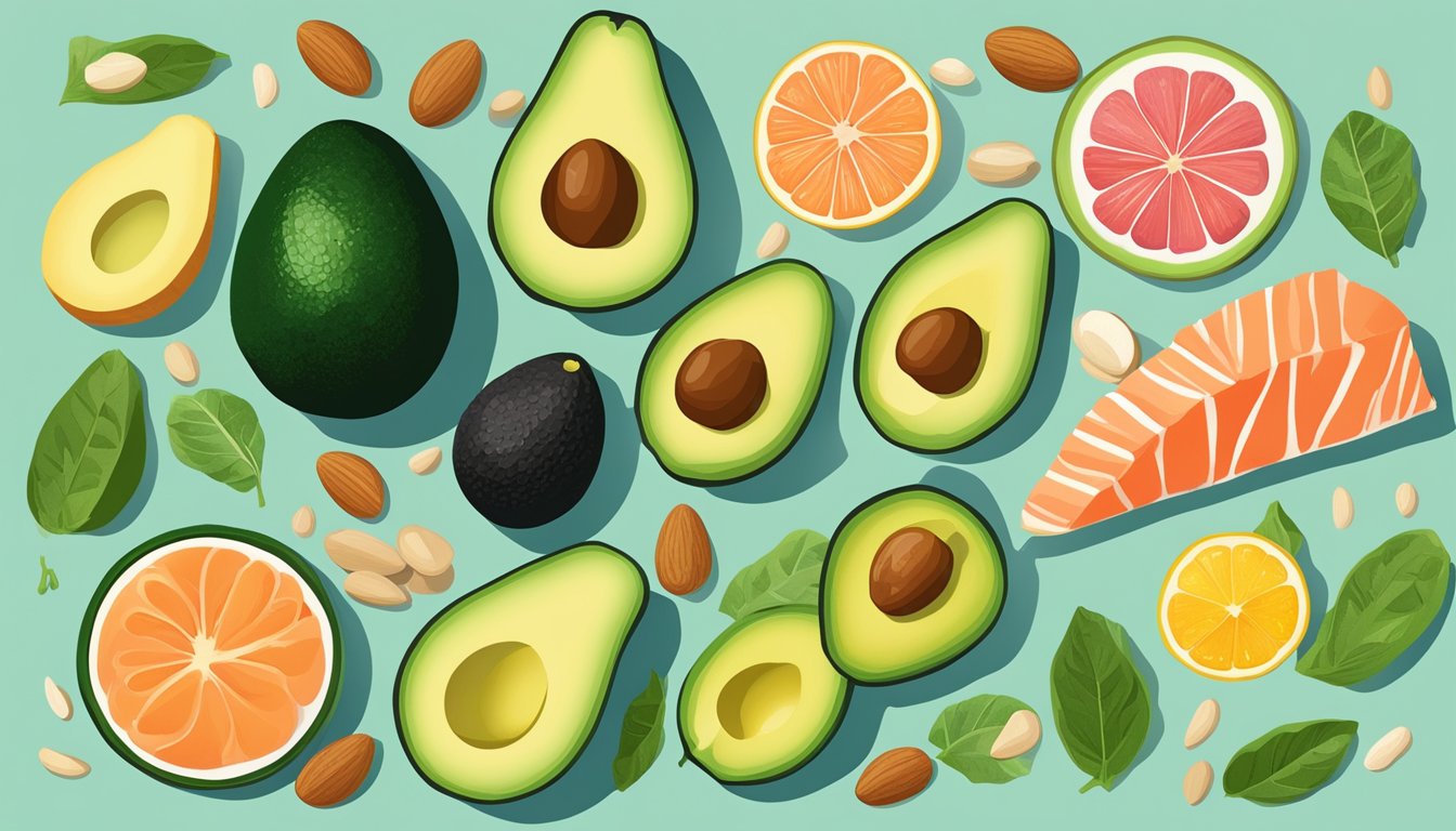 A colorful array of foods - including avocados, almonds, and salmon - are arranged in a vibrant display, highlighting their natural richness in DHEA for hormonal balance