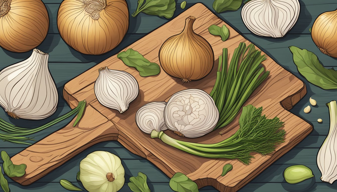 A variety of prebiotic-rich foods, including onions, arranged on a wooden cutting board