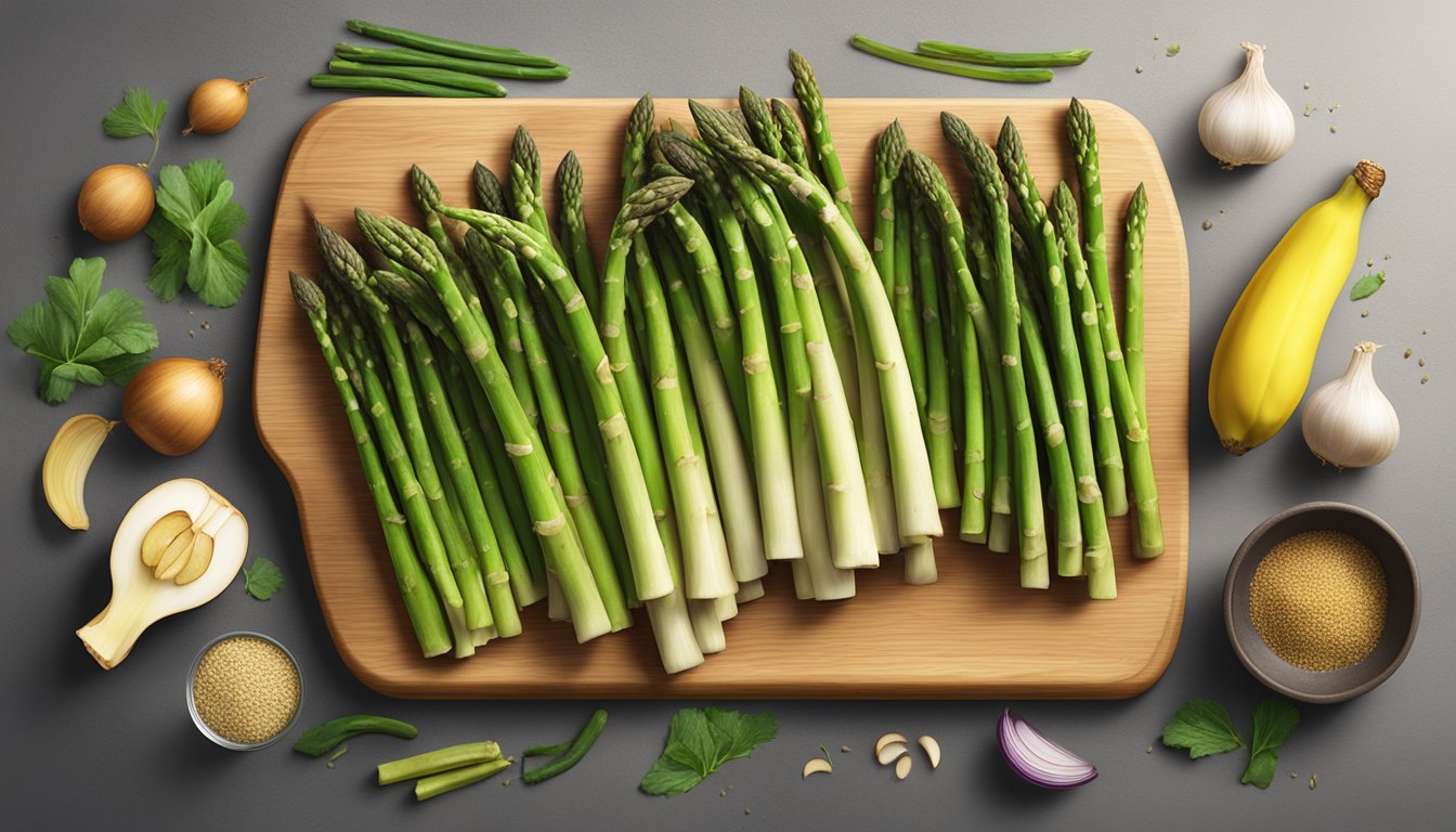 A vibrant bunch of asparagus surrounded by other prebiotic-rich foods, such as bananas, garlic, and onions, arranged on a wooden cutting board