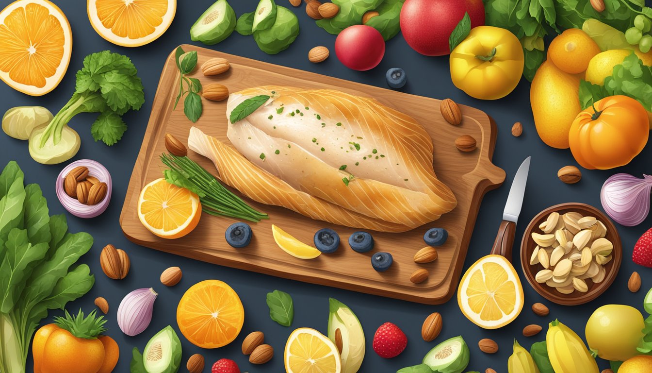 A colorful spread of chicken breast, fish, and nuts on a wooden cutting board, surrounded by vibrant fruits and vegetables