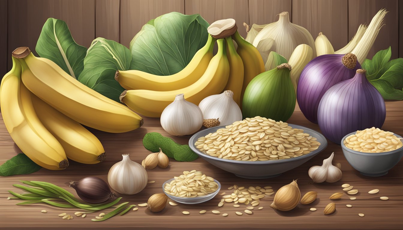 A variety of prebiotic-rich foods such as oats, bananas, onions, and garlic arranged on a wooden table