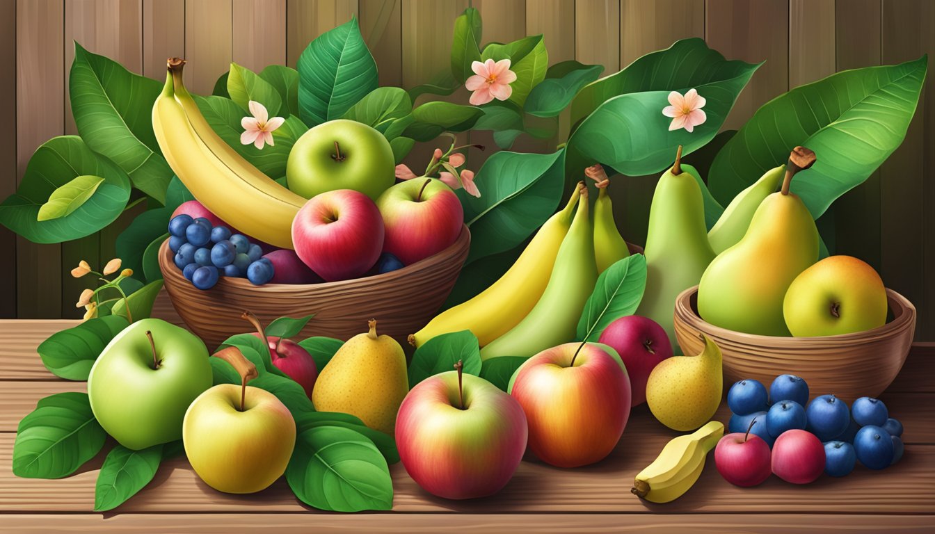 A colorful assortment of apples, pears, and bananas arranged on a wooden table, surrounded by vibrant green leaves and blooming flowers