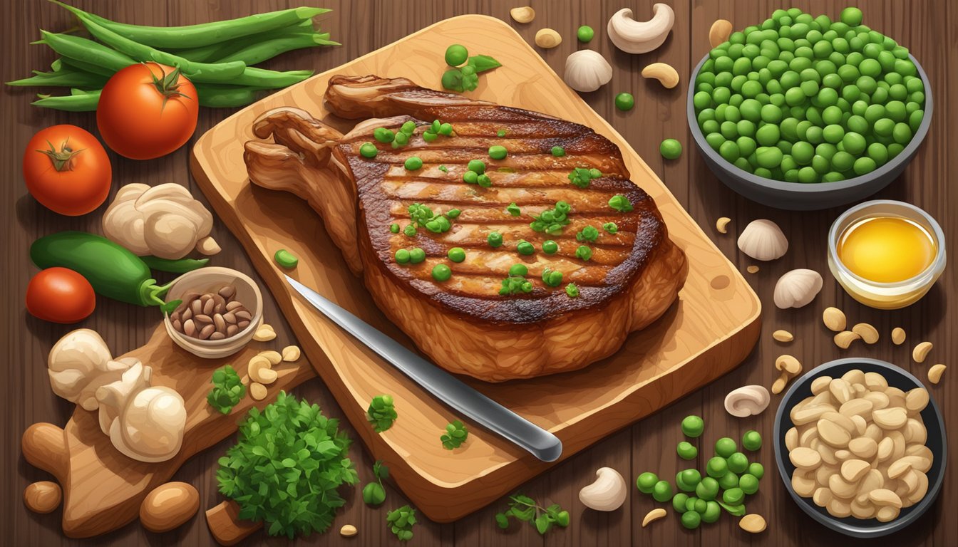 A sizzling pork chop surrounded by niacin-rich foods like mushrooms, peanuts, and green peas on a wooden cutting board