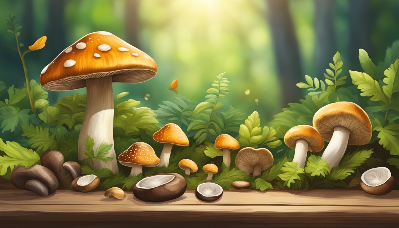 A colorful array of mushrooms, including shiitake and portobello, arranged on a rustic wooden table, surrounded by vibrant green leaves and a soft beam of sunlight