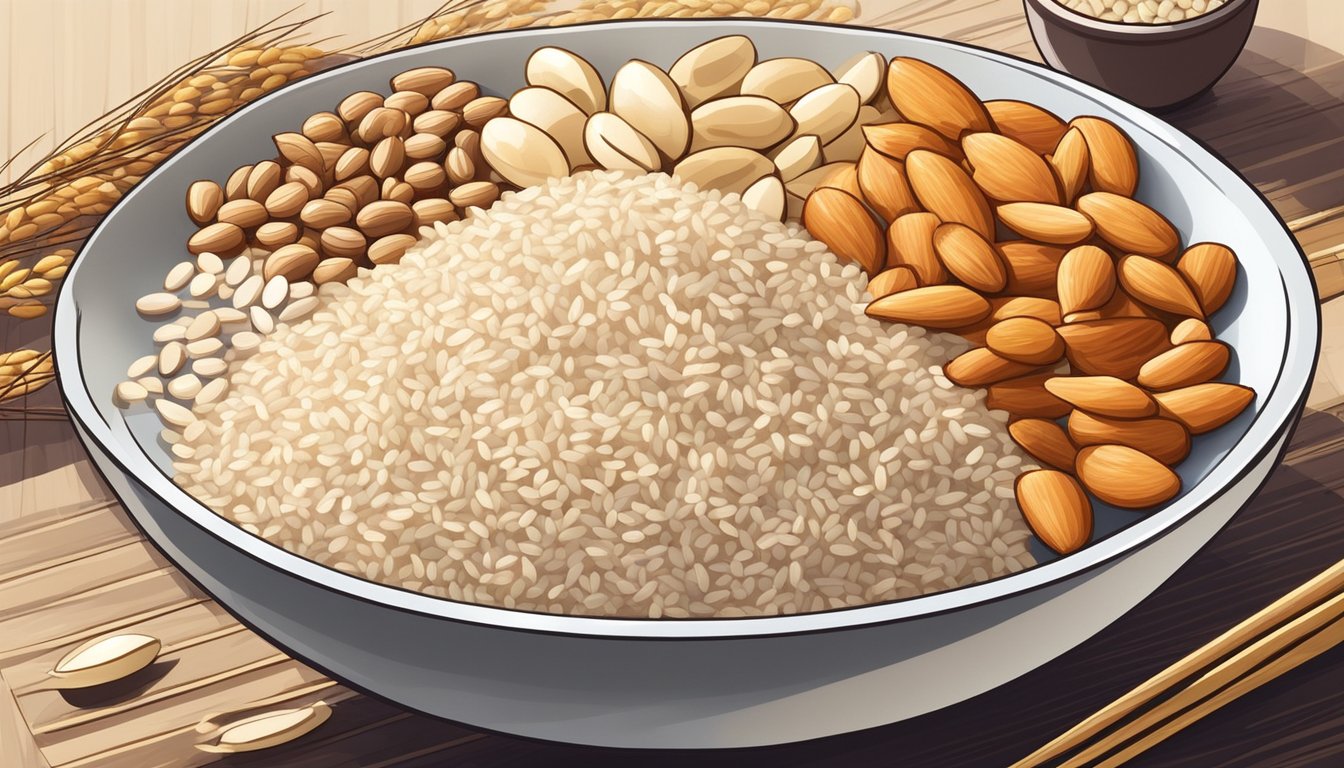 A bowl of brown rice surrounded by other niacin-rich foods like fish, poultry, and peanuts, with a bright spotlight shining on it