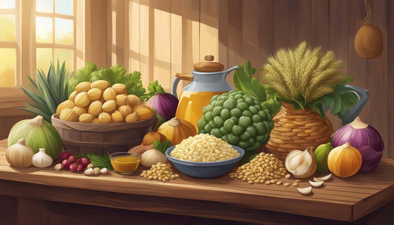 A variety of fructan-rich foods arranged on a wooden table, including barley, onions, garlic, and artichokes, with a soft, warm light illuminating the scene