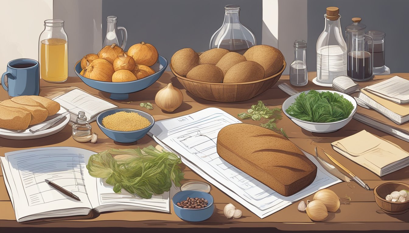 A table with various fructan-rich foods, including rye bread, onions, and garlic, surrounded by scientific research papers and a person reading and taking notes