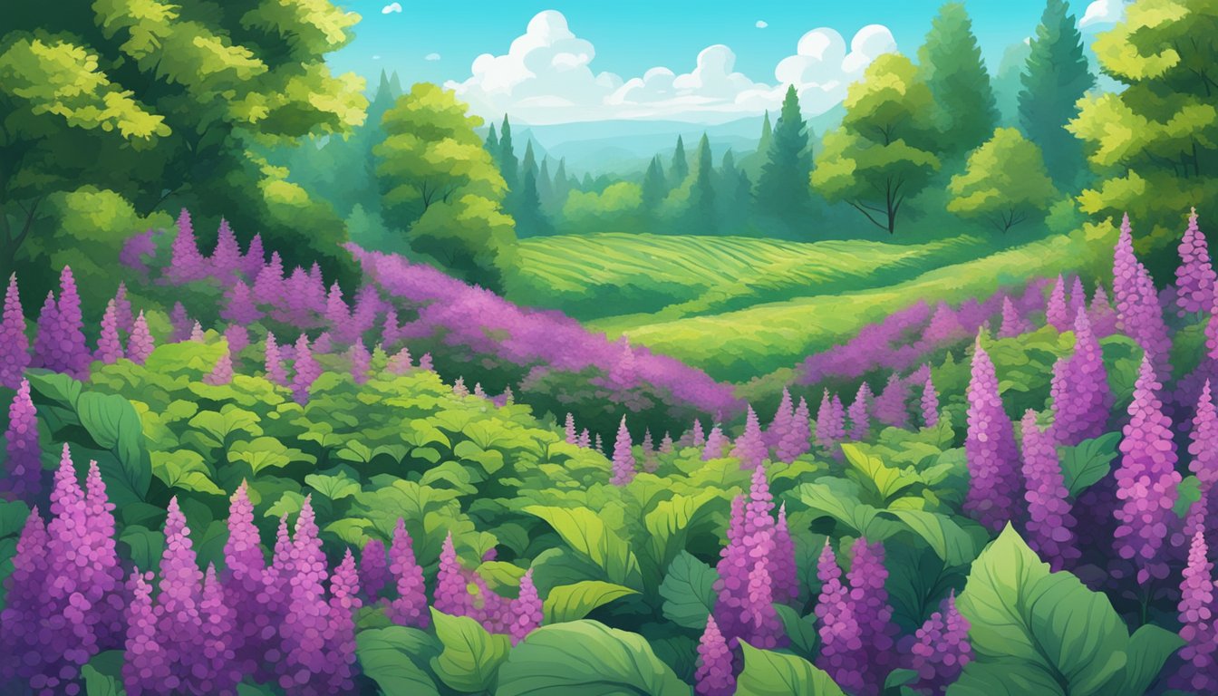 A field of perilla plants with vibrant purple and green leaves, surrounded by other greenery and under a bright blue sky