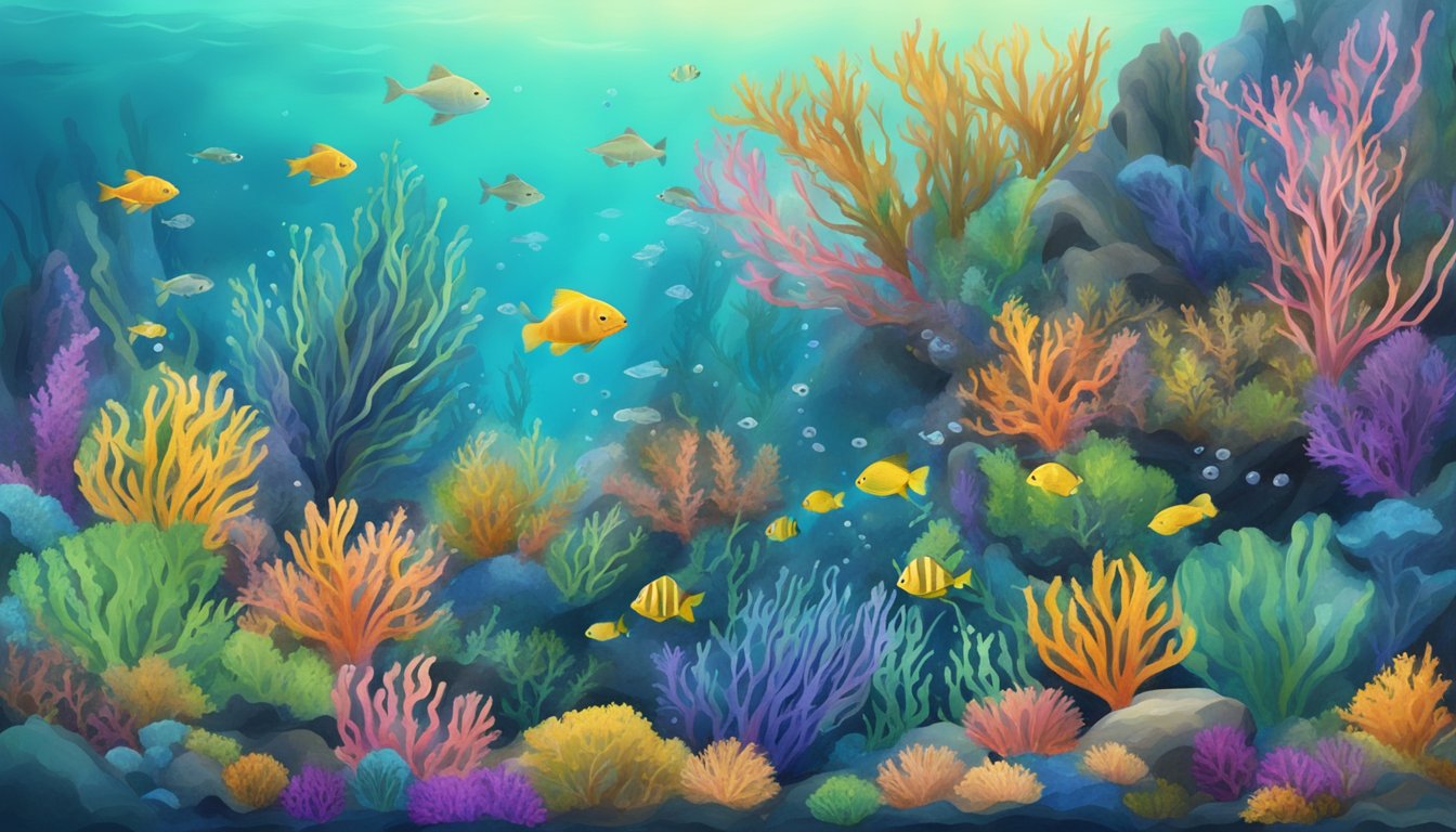 A colorful underwater scene with various types of seaweed swaying in the current, surrounded by small fish and other marine life