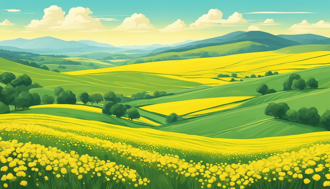 A field of vibrant yellow canola flowers swaying in the breeze, with a backdrop of clear blue skies and rolling green hills