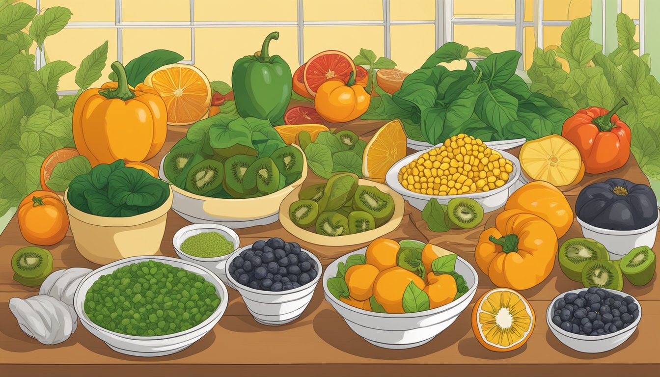 A colorful array of kiwi, spinach, corn, and orange peppers, rich in zeaxanthin, displayed on a vibrant table