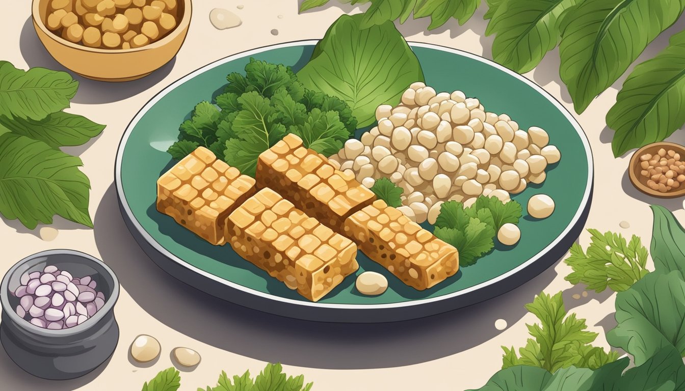 A colorful plate of tempeh, natto, and fermented vegetables, surrounded by green leafy plants and a source of natural sunlight