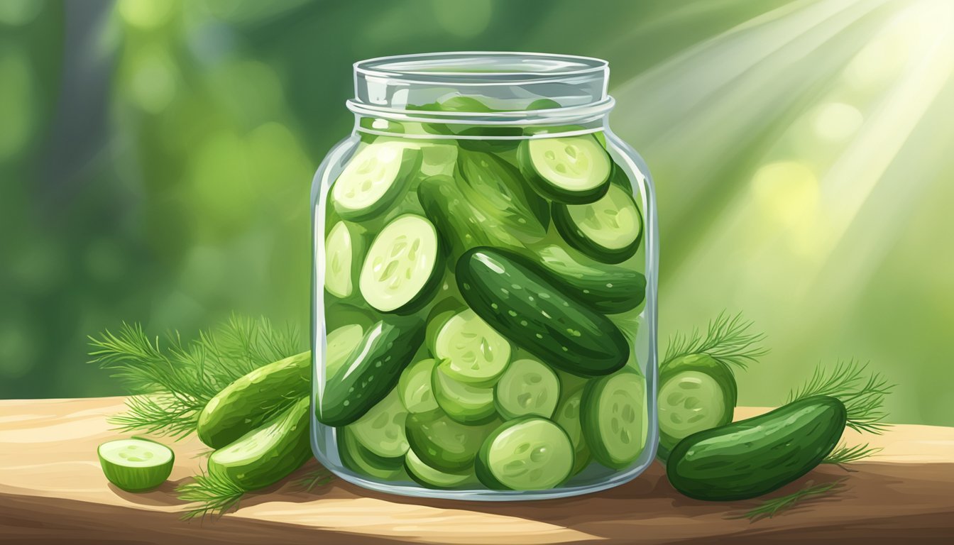 A jar of pickled cucumbers surrounded by green leaves and sprigs of dill, with a beam of sunlight shining down on them