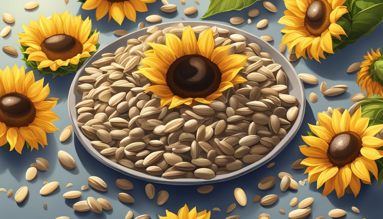 A pile of sunflower seeds surrounded by other thiamine-rich foods, with a beam of sunlight shining down on them