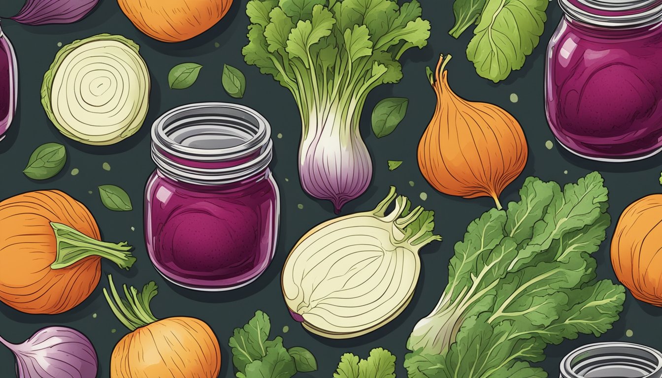 A jar of fermented beets surrounded by leafy greens and other colorful vegetables