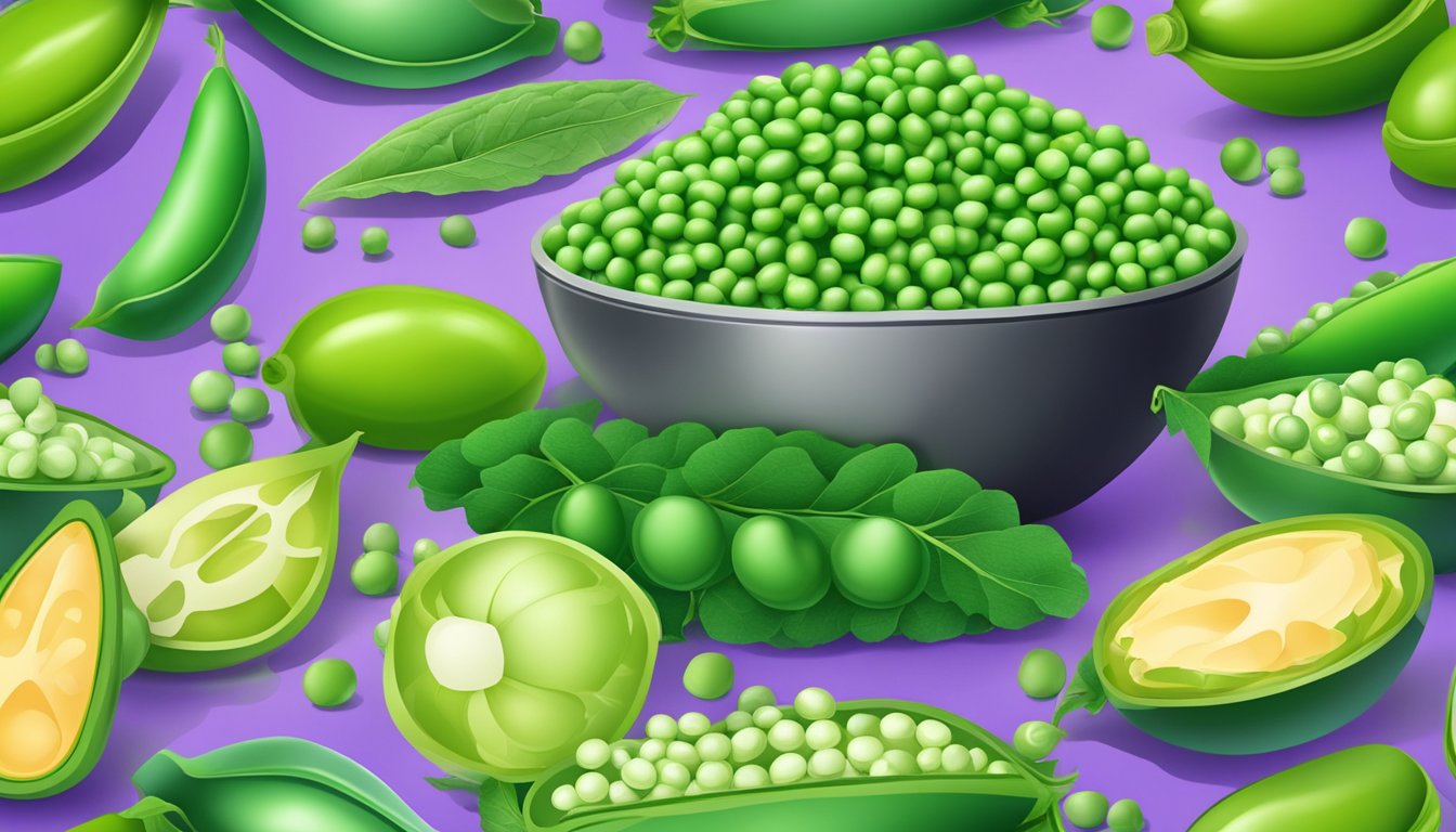 A colorful pile of fresh green peas surrounded by other vitamin B1-rich foods, with a vibrant background suggesting energy and brain health