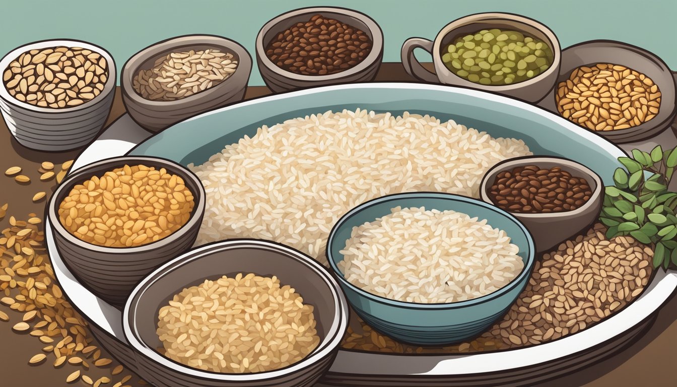 A bowl of cooked brown rice surrounded by other thiamine-rich foods like beans, nuts, and seeds, with a focus on the rice